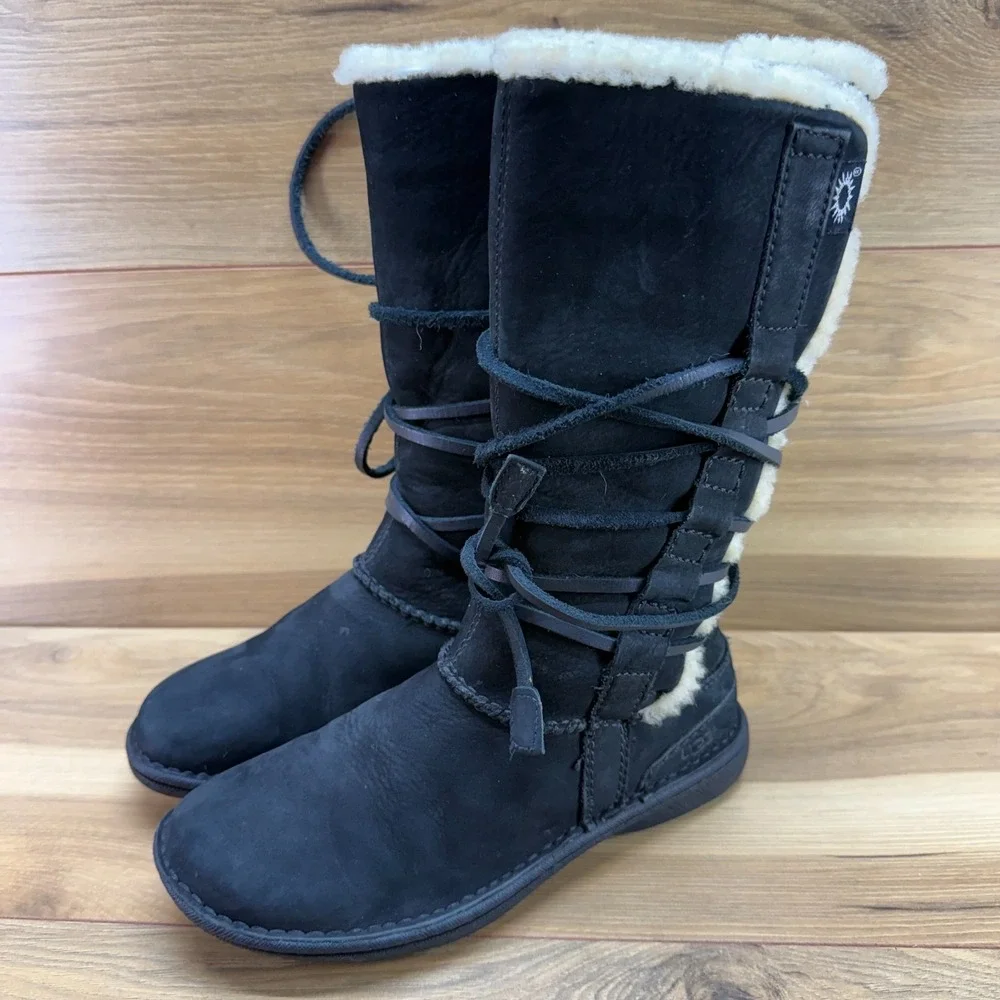 UGG Catalina Tie Lace Mid Calf Boot Womens 5 Black Leather Sherpa Shearling 1664